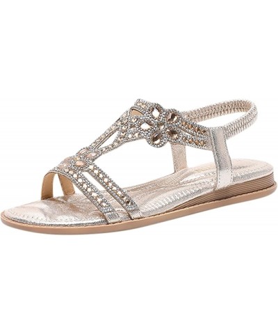 Sandals For Womens Studded Crystal Shoes Wedges Elastic Strap Roman Sandals Z 14-gold $26.39 Sandals