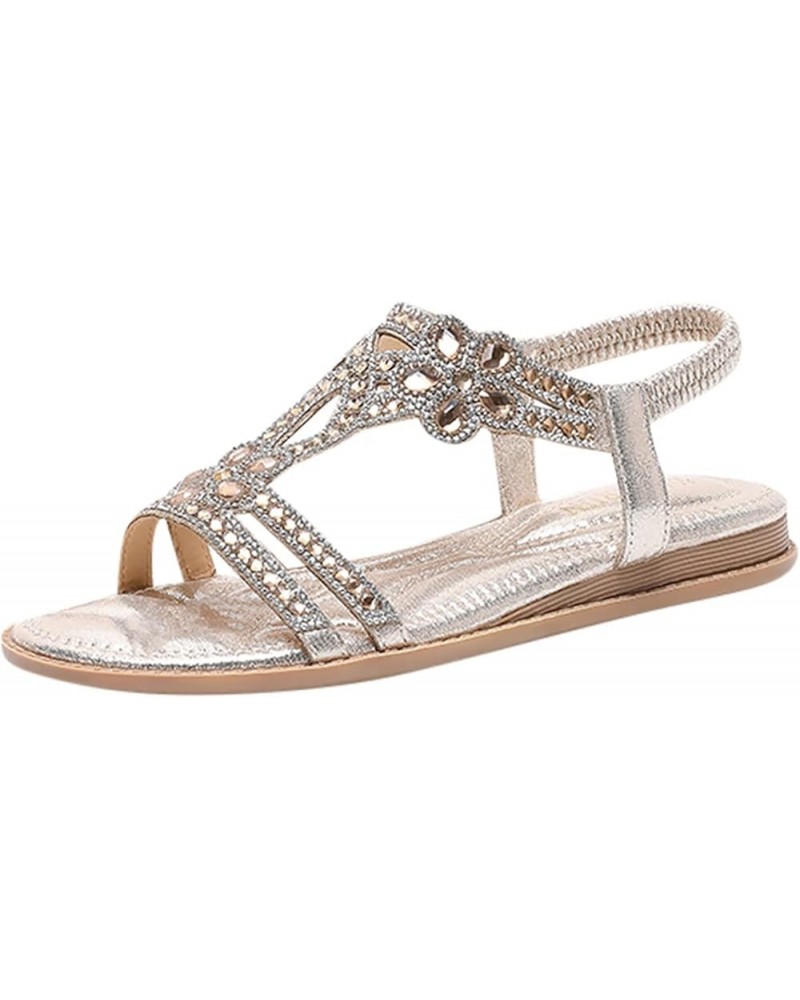 Sandals For Womens Studded Crystal Shoes Wedges Elastic Strap Roman Sandals Z 14-gold $26.39 Sandals