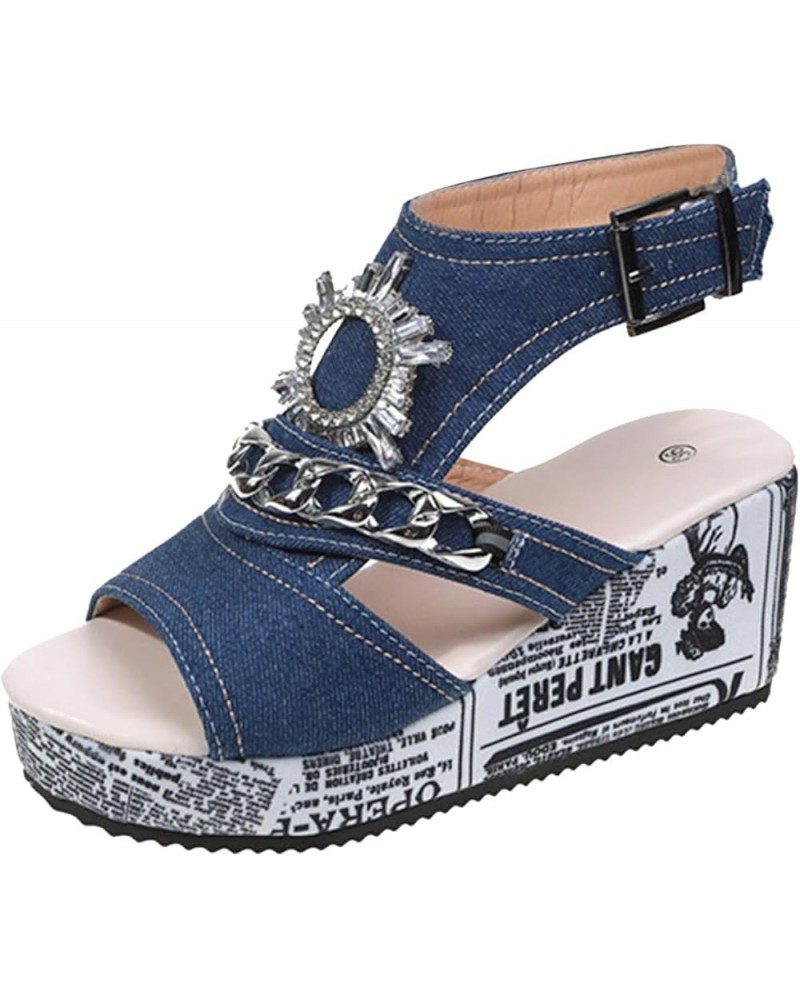 Trendy Wedge Heel Sandals for Women Summer Rhinestone Western Dressy Peep Toe Spring Round Toe Comfort 2024 Plus Size Blue $1...