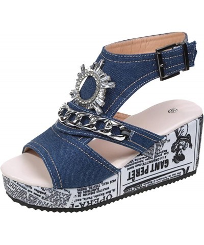 Trendy Wedge Heel Sandals for Women Summer Rhinestone Western Dressy Peep Toe Spring Round Toe Comfort 2024 Plus Size Blue $1...