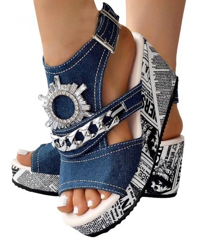 Trendy Wedge Heel Sandals for Women Summer Rhinestone Western Dressy Peep Toe Spring Round Toe Comfort 2024 Plus Size Blue $1...