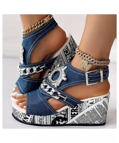 Trendy Wedge Heel Sandals for Women Summer Rhinestone Western Dressy Peep Toe Spring Round Toe Comfort 2024 Plus Size Blue $1...