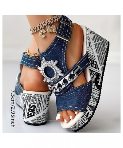 Trendy Wedge Heel Sandals for Women Summer Rhinestone Western Dressy Peep Toe Spring Round Toe Comfort 2024 Plus Size Blue $1...