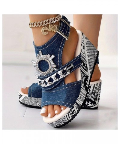 Trendy Wedge Heel Sandals for Women Summer Rhinestone Western Dressy Peep Toe Spring Round Toe Comfort 2024 Plus Size Blue $1...