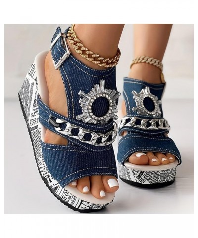 Trendy Wedge Heel Sandals for Women Summer Rhinestone Western Dressy Peep Toe Spring Round Toe Comfort 2024 Plus Size Blue $1...