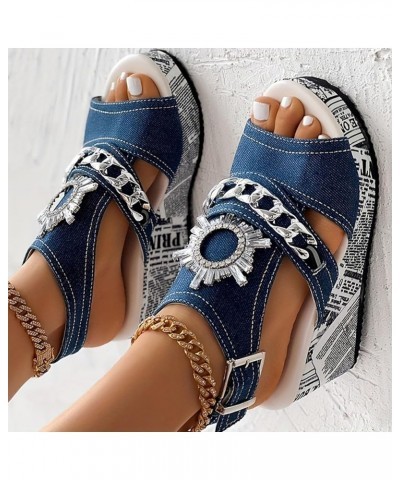 Trendy Wedge Heel Sandals for Women Summer Rhinestone Western Dressy Peep Toe Spring Round Toe Comfort 2024 Plus Size Blue $1...