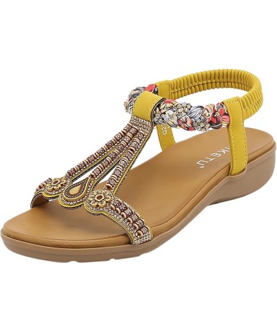 Women Bead Decor Platform Sandals Summer Women Slip on Open Toe Wedge Sandals Casual Elastic Band Dressy Sandals 7.5 Yellow $...