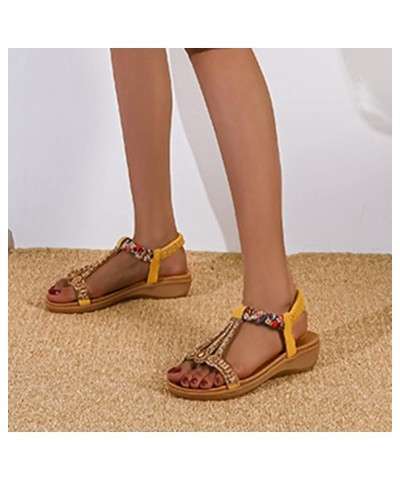 Women Bead Decor Platform Sandals Summer Women Slip on Open Toe Wedge Sandals Casual Elastic Band Dressy Sandals 7.5 Yellow $...