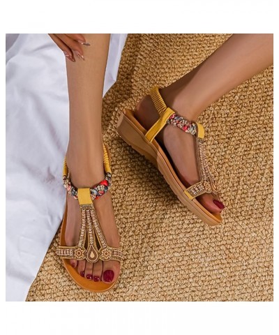 Women Bead Decor Platform Sandals Summer Women Slip on Open Toe Wedge Sandals Casual Elastic Band Dressy Sandals 7.5 Yellow $...