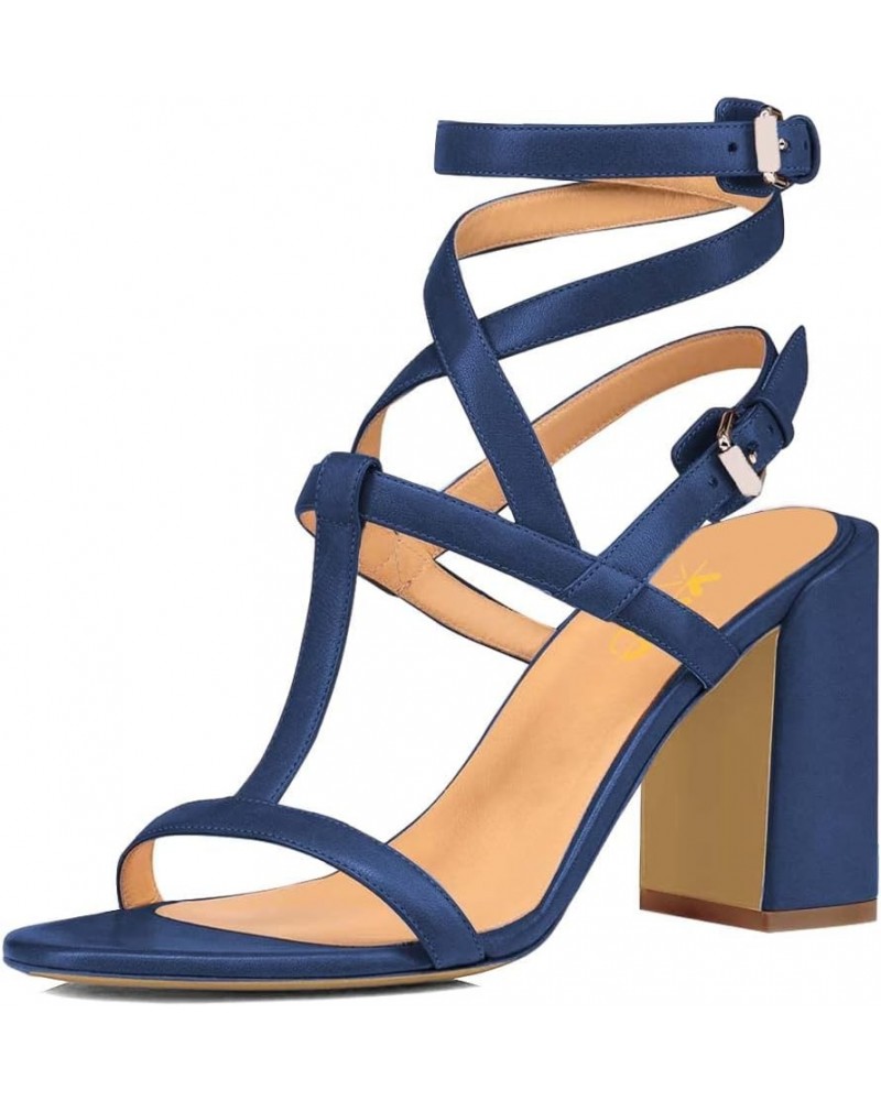 Women Elegant Cross Ankle Strap High Chunky Heel Sandals T Strap Buckled Open Toe Prom Party Event Dressy Shoes Navy $43.51 S...