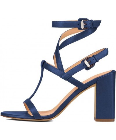 Women Elegant Cross Ankle Strap High Chunky Heel Sandals T Strap Buckled Open Toe Prom Party Event Dressy Shoes Navy $43.51 S...