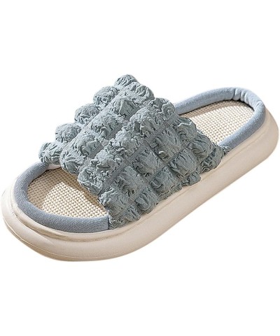 Fuzzy Slippers Women Indoor Four Seasons Flax Girls' Slippers Thick Sole Slip Cotton Flax Bubble Plaid Cute Slippers Blue➤➤20...