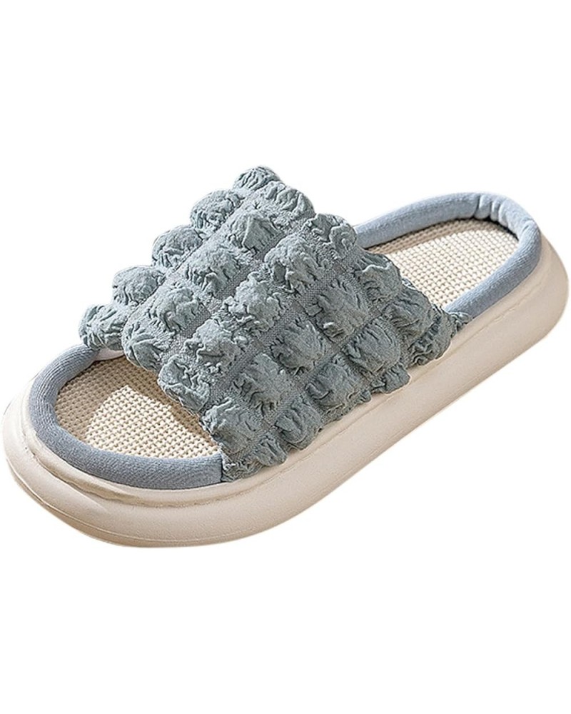 Fuzzy Slippers Women Indoor Four Seasons Flax Girls' Slippers Thick Sole Slip Cotton Flax Bubble Plaid Cute Slippers Blue➤➤20...