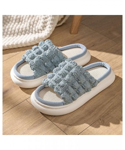 Fuzzy Slippers Women Indoor Four Seasons Flax Girls' Slippers Thick Sole Slip Cotton Flax Bubble Plaid Cute Slippers Blue➤➤20...