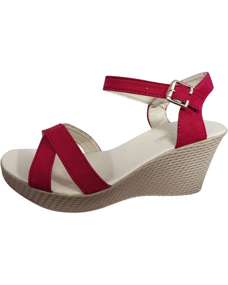 Women's Solid Wedges Casual Buckle Strap Roman Shoes Sandals Z 15-red $17.49 Sandals