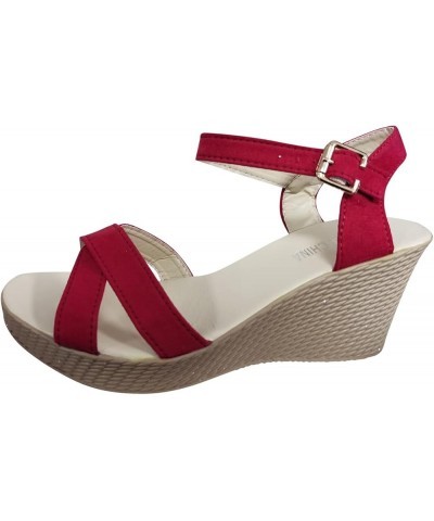 Women's Solid Wedges Casual Buckle Strap Roman Shoes Sandals Z 15-red $17.49 Sandals