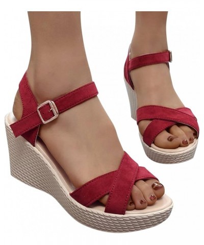 Women's Solid Wedges Casual Buckle Strap Roman Shoes Sandals Z 15-red $17.49 Sandals