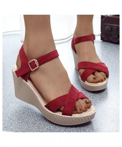 Women's Solid Wedges Casual Buckle Strap Roman Shoes Sandals Z 15-red $17.49 Sandals