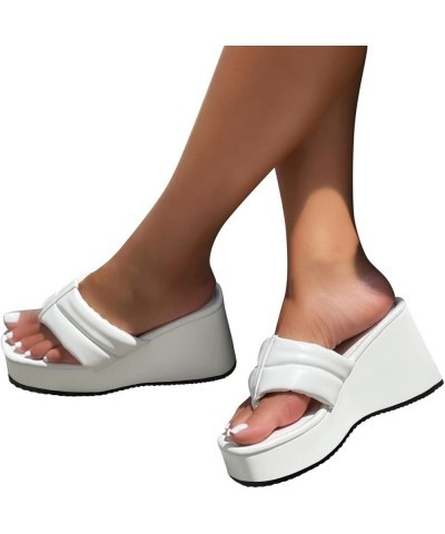 Women's Flat Platform Sandals Chunky Heels Two Strap High Heeled Sandal Vacation Sandals Shoes White $12.79 Sandals