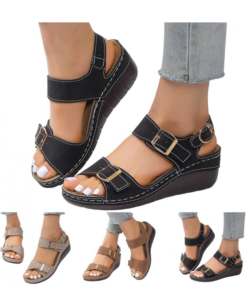 Leather Sandals with Arch Support Double Buckle Wedges Ladies Fashion Summer Vintage Solid Leather Open Toe Buckle Thick Sole...