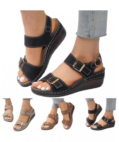 Leather Sandals with Arch Support Double Buckle Wedges Ladies Fashion Summer Vintage Solid Leather Open Toe Buckle Thick Sole...