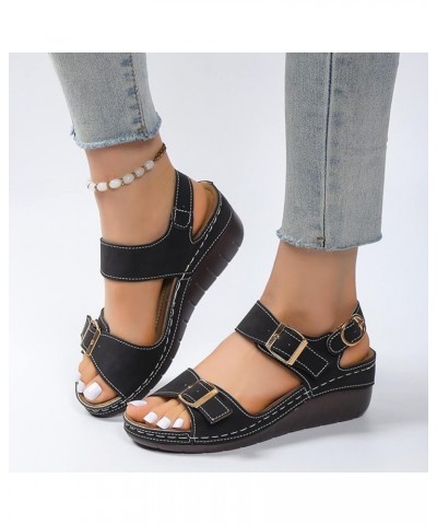 Leather Sandals with Arch Support Double Buckle Wedges Ladies Fashion Summer Vintage Solid Leather Open Toe Buckle Thick Sole...