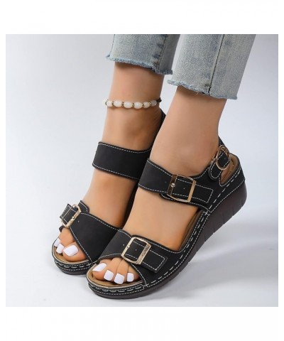 Leather Sandals with Arch Support Double Buckle Wedges Ladies Fashion Summer Vintage Solid Leather Open Toe Buckle Thick Sole...