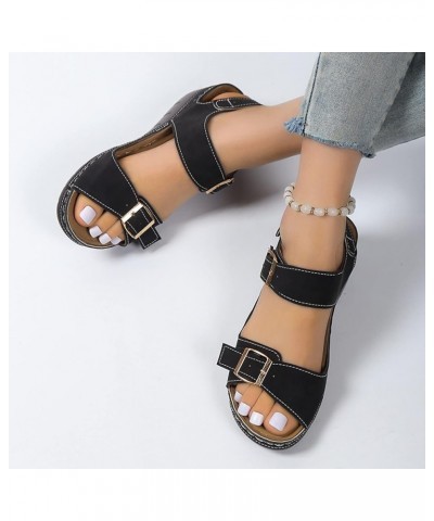 Leather Sandals with Arch Support Double Buckle Wedges Ladies Fashion Summer Vintage Solid Leather Open Toe Buckle Thick Sole...