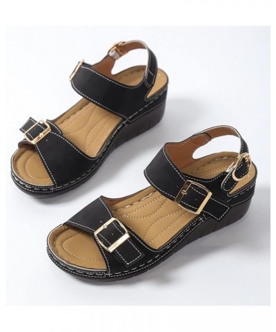 Leather Sandals with Arch Support Double Buckle Wedges Ladies Fashion Summer Vintage Solid Leather Open Toe Buckle Thick Sole...