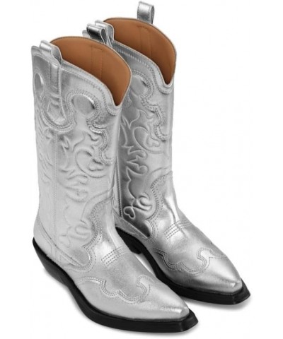 Womens Western Cowboy Boots Embroidered Cowgirl Boots Pull On Mid Calf Chunky Heel Boot Silver $40.99 Boots