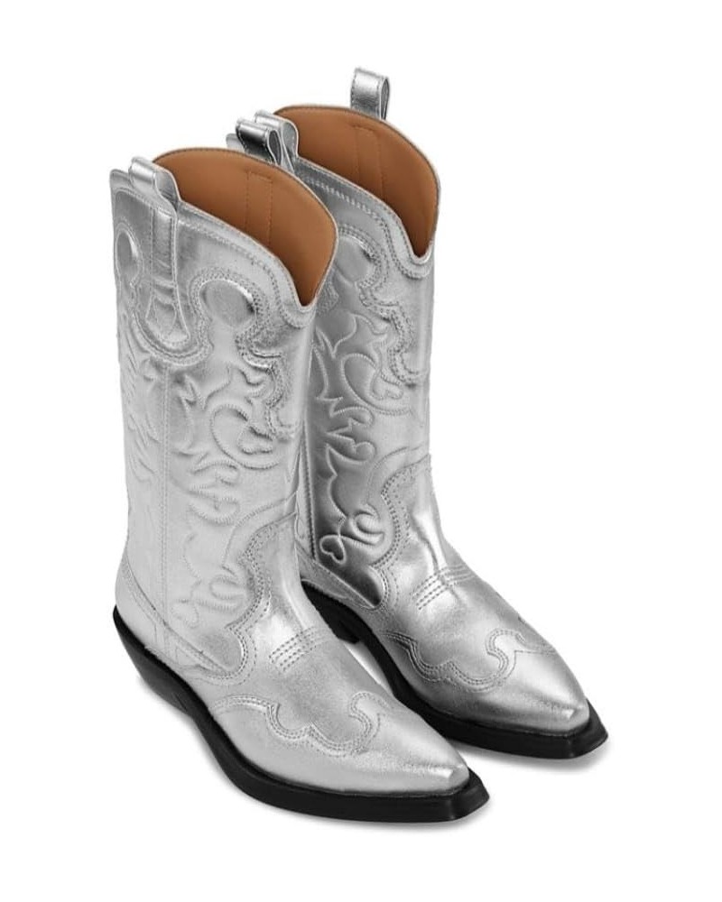 Womens Western Cowboy Boots Embroidered Cowgirl Boots Pull On Mid Calf Chunky Heel Boot Silver $40.99 Boots