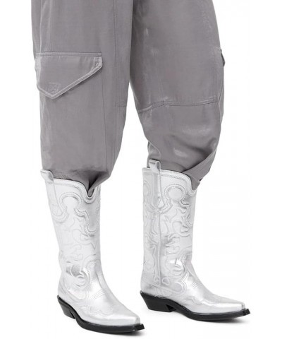 Womens Western Cowboy Boots Embroidered Cowgirl Boots Pull On Mid Calf Chunky Heel Boot Silver $40.99 Boots