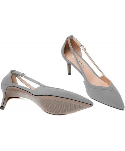 Womens Ankle Strap Casual Office Buckle Suede Pointed Toe Solid Kitten Low Heel Pumps Shoes 2.5 Inch Grey $31.91 Pumps