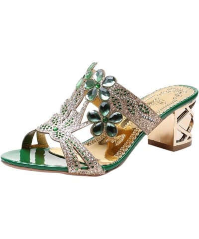 Chunky Heel 2024 Heel Sandals for Women Spring Rhinestone Dressy Slip On Fashion Summer Peep Toe Trendy Sexy Casual, 7, Green...