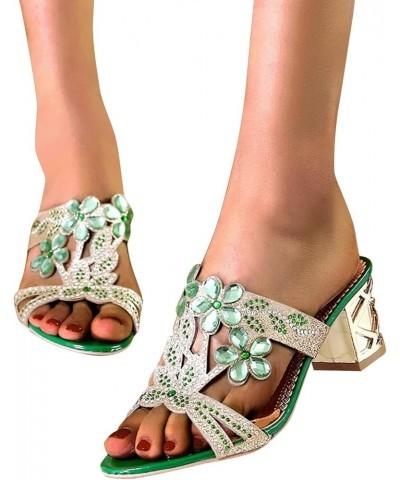 Chunky Heel 2024 Heel Sandals for Women Spring Rhinestone Dressy Slip On Fashion Summer Peep Toe Trendy Sexy Casual, 7, Green...