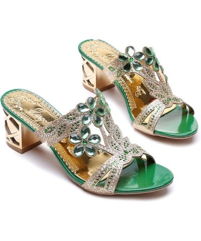 Chunky Heel 2024 Heel Sandals for Women Spring Rhinestone Dressy Slip On Fashion Summer Peep Toe Trendy Sexy Casual, 7, Green...