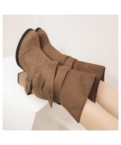 Retro Cowboy Ankle Boots Women's Calf Boots with Buckle Autumn Winter Worker Booties Warm Suede Slip-On Boots Women High Heel...