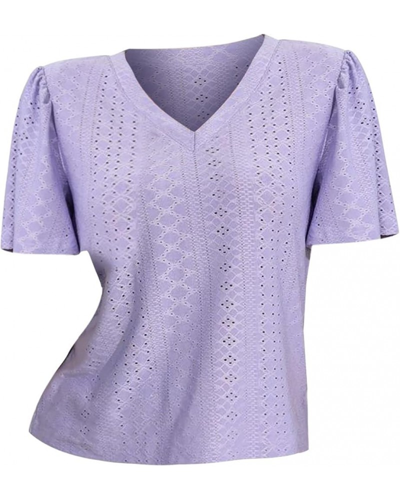 Women's Casual V Neck Short Sleeved T Shirt Summer Knitted Short Sleeved Shoulder Pleated Ruffled Women's Loose Purple $11.65...