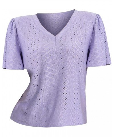 Women's Casual V Neck Short Sleeved T Shirt Summer Knitted Short Sleeved Shoulder Pleated Ruffled Women's Loose Purple $11.65...