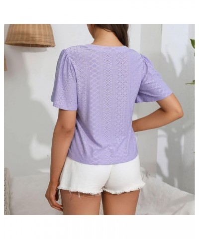 Women's Casual V Neck Short Sleeved T Shirt Summer Knitted Short Sleeved Shoulder Pleated Ruffled Women's Loose Purple $11.65...