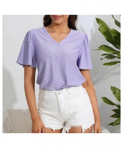 Women's Casual V Neck Short Sleeved T Shirt Summer Knitted Short Sleeved Shoulder Pleated Ruffled Women's Loose Purple $11.65...