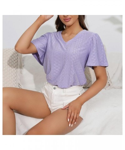 Women's Casual V Neck Short Sleeved T Shirt Summer Knitted Short Sleeved Shoulder Pleated Ruffled Women's Loose Purple $11.65...