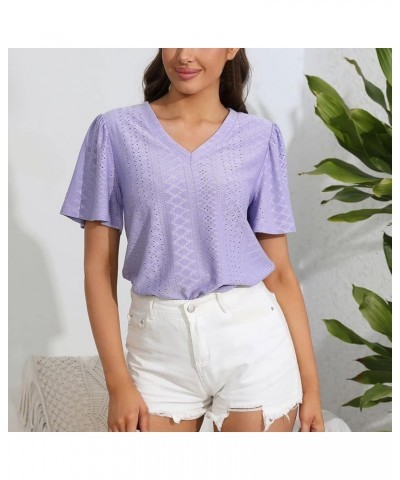 Women's Casual V Neck Short Sleeved T Shirt Summer Knitted Short Sleeved Shoulder Pleated Ruffled Women's Loose Purple $11.65...