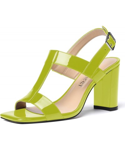 Women's Wedding Open Toe Solid Buckle Slingback Patent Dress Square Toe Block High Heel Pumps Shoes 3.3 Inch Yellow Green $35...