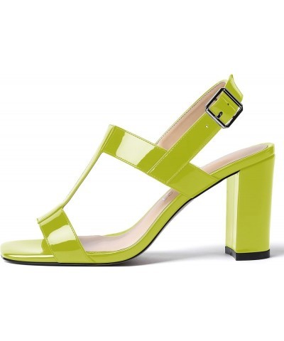 Women's Wedding Open Toe Solid Buckle Slingback Patent Dress Square Toe Block High Heel Pumps Shoes 3.3 Inch Yellow Green $35...