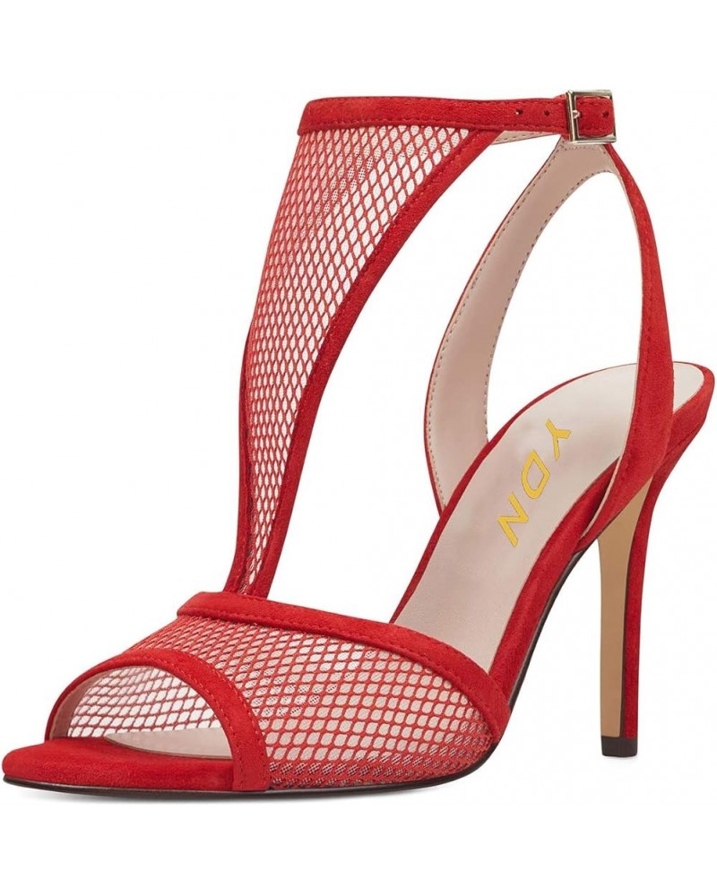 Women Peep Toe High Heels Mesh Sandals T Strap Cutout Open Back Stiletto Dress Pumps Red $45.08 Sandals