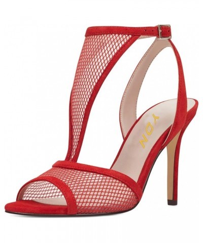 Women Peep Toe High Heels Mesh Sandals T Strap Cutout Open Back Stiletto Dress Pumps Red $45.08 Sandals