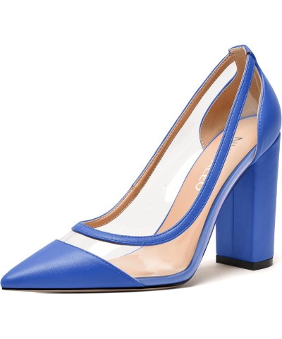 Womens PVC fashion Clear Slip On Fashion Pointed Toe Matte Party Block High Heel Pumps Shoes 4 Inch Royal Blue $31.49 Pumps