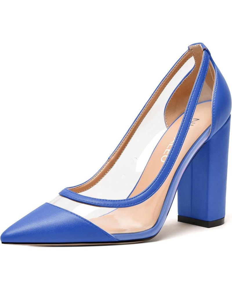 Womens PVC fashion Clear Slip On Fashion Pointed Toe Matte Party Block High Heel Pumps Shoes 4 Inch Royal Blue $31.49 Pumps