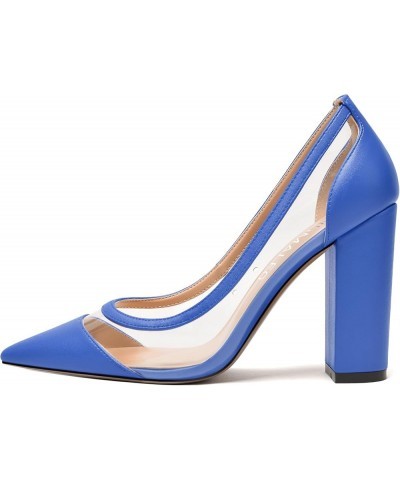 Womens PVC fashion Clear Slip On Fashion Pointed Toe Matte Party Block High Heel Pumps Shoes 4 Inch Royal Blue $31.49 Pumps